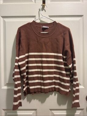 For The Republic Brown & Cream Striped Crewneck Sweater